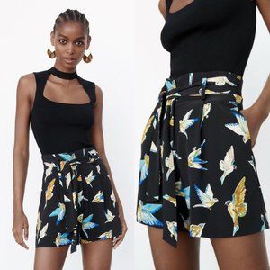 ZARA NWT Bird Print Paperbag Shorts Multicolor XS